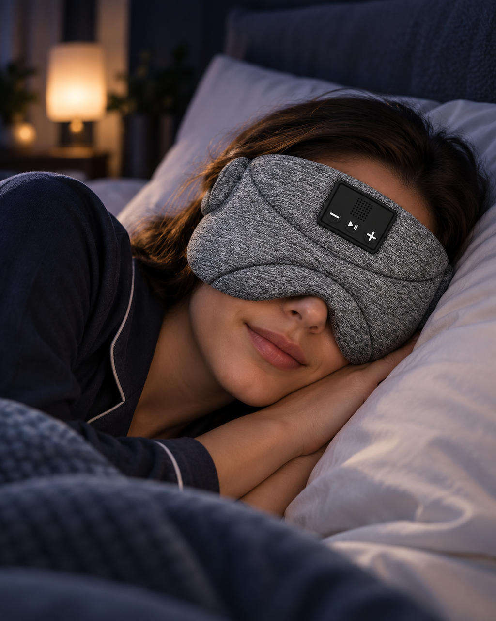 VELMUNE Bluetooth sleep mask headphones worn by a side sleeper in bed