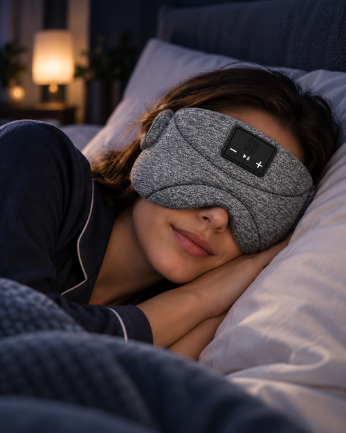 VELMUNE Bluetooth sleep mask headphones worn by a side sleeper in bed