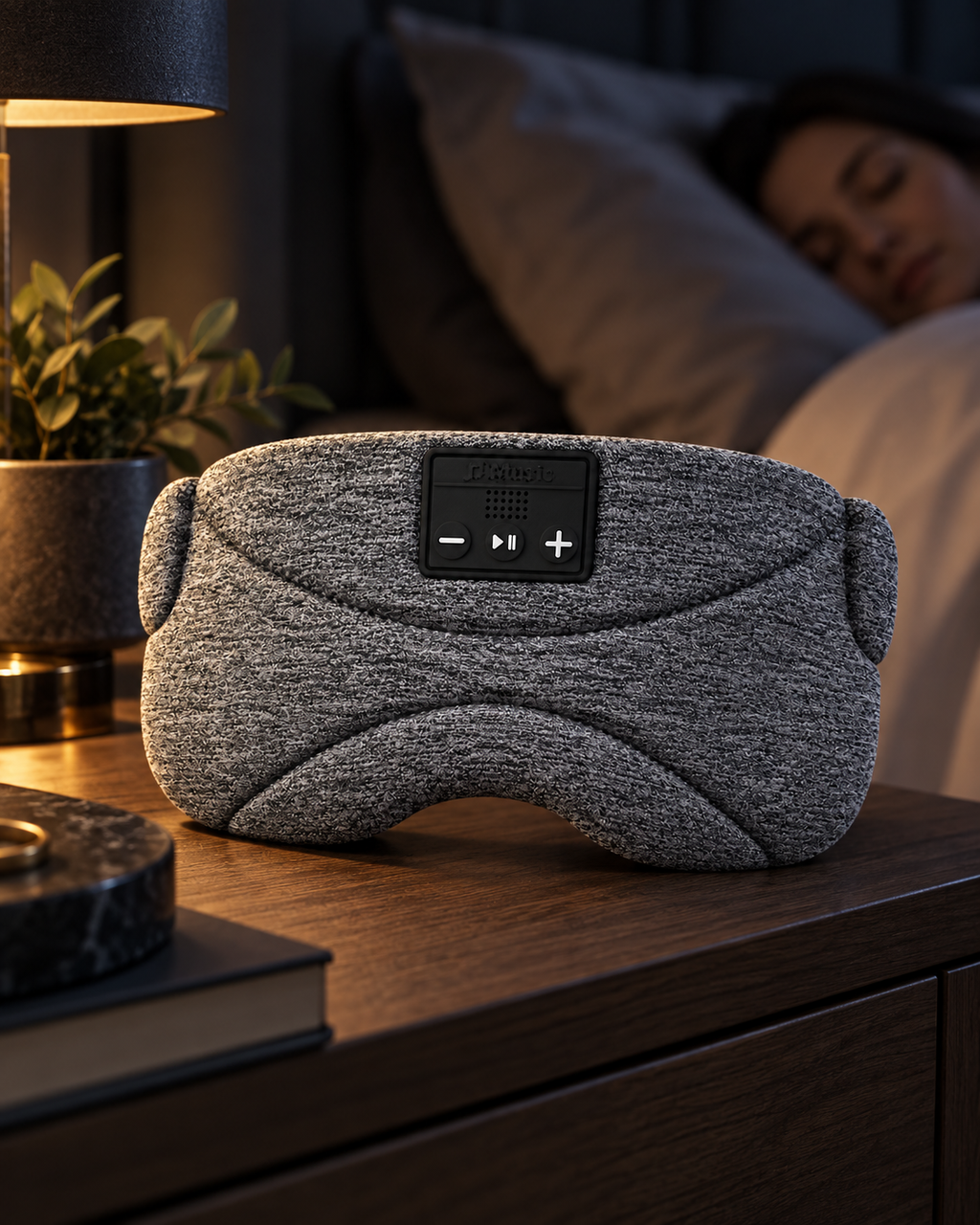 VELMUNE Bluetooth sleep mask headphones on a bedside table ready for nighttime use