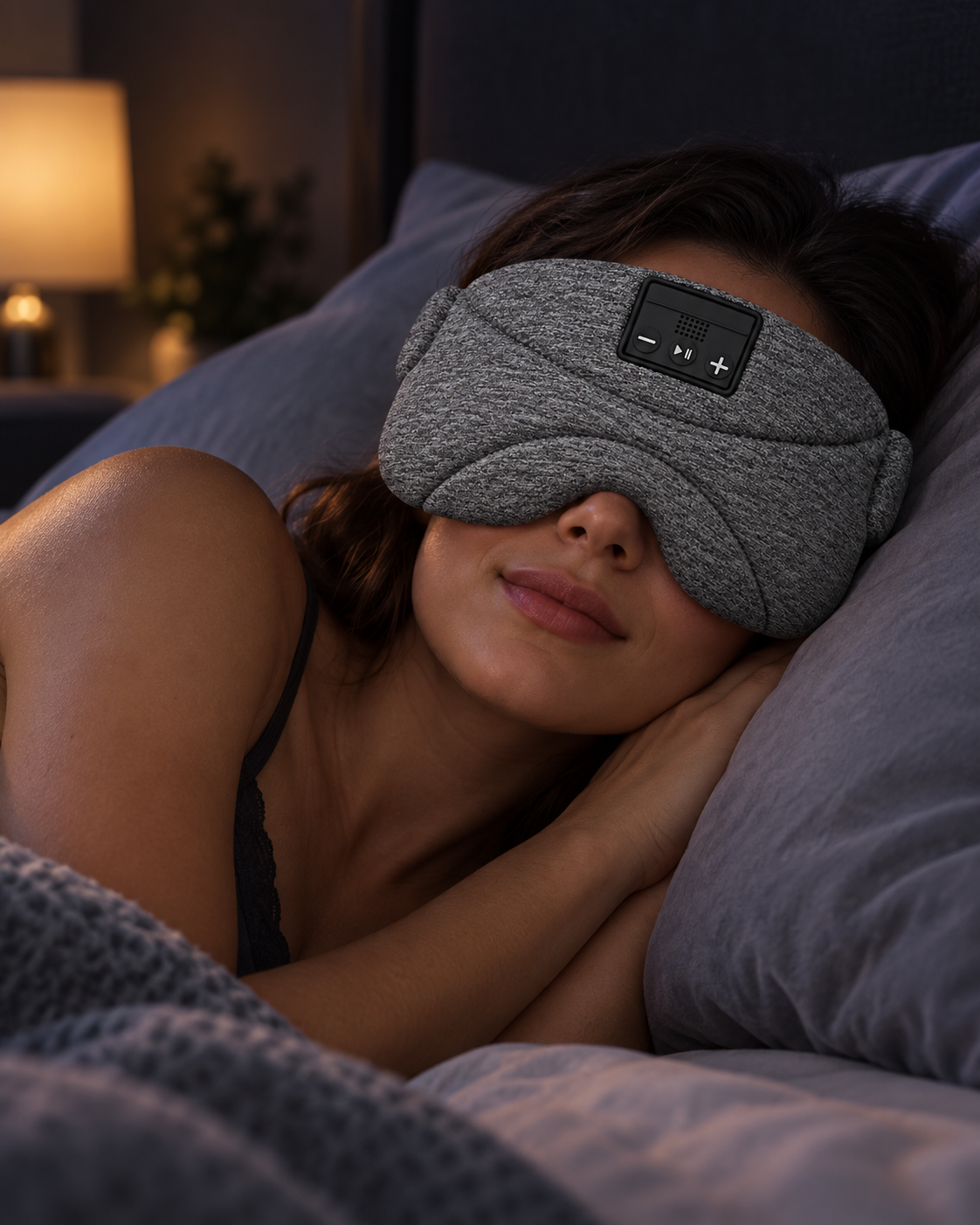 Side sleeper wearing VELMUNE Bluetooth sleep mask